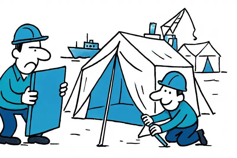 Workers setting up tents and containers at Pier 3 in Palma port as temporary emergency shelters