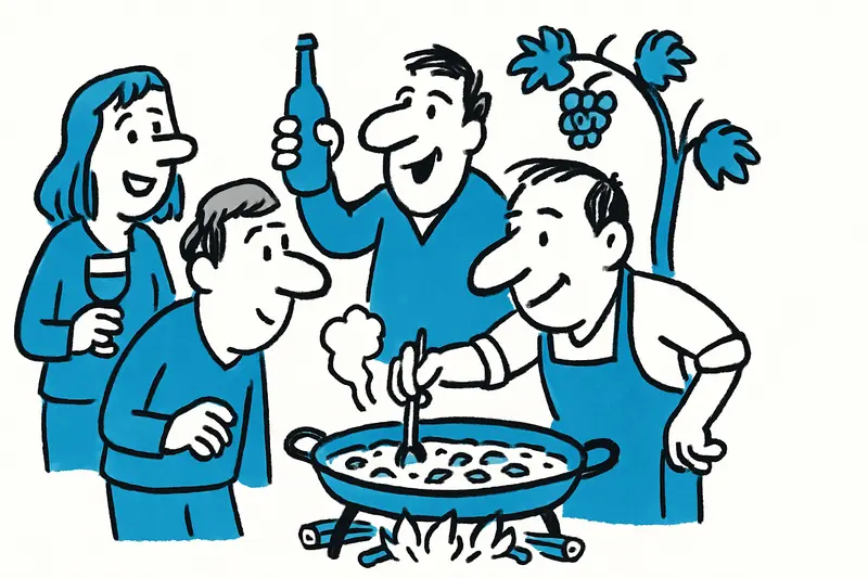 Paella cooking over an open fire between vineyard rows near Llucmajor with wine bottles nearby