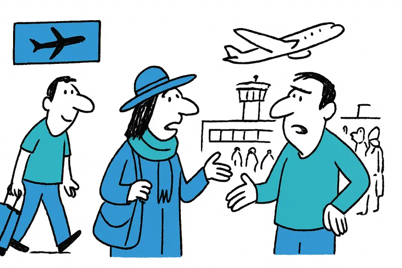 Belebter Terminal am Flughafen Palma de Mallorca mit wartenden Passagieren und geparkten Flugzeugen
