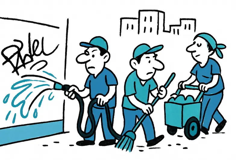 Städtisches Reinigungsteam entfernt Graffiti an einer Hauswand in Palma während einer Jahresaktion.