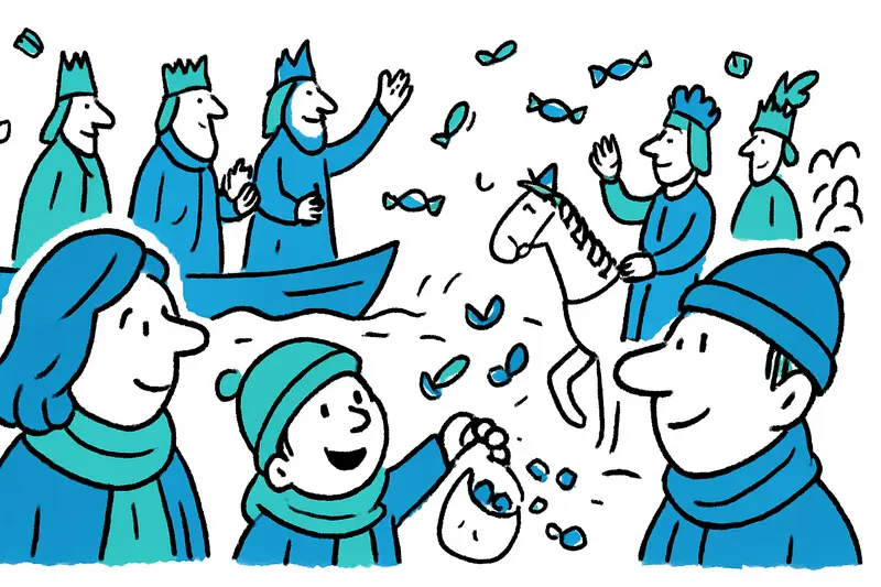 Families in scarves line Palma's old town waterfront as Three Kings arrive by boat and a parade throws candy to crowds.