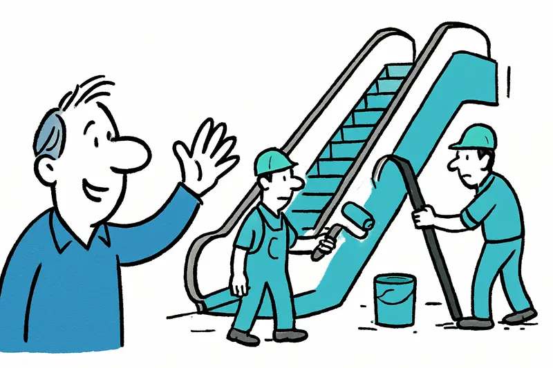 Construction work at Palma's Intermodal Station with scaffolding and workers near the escalators