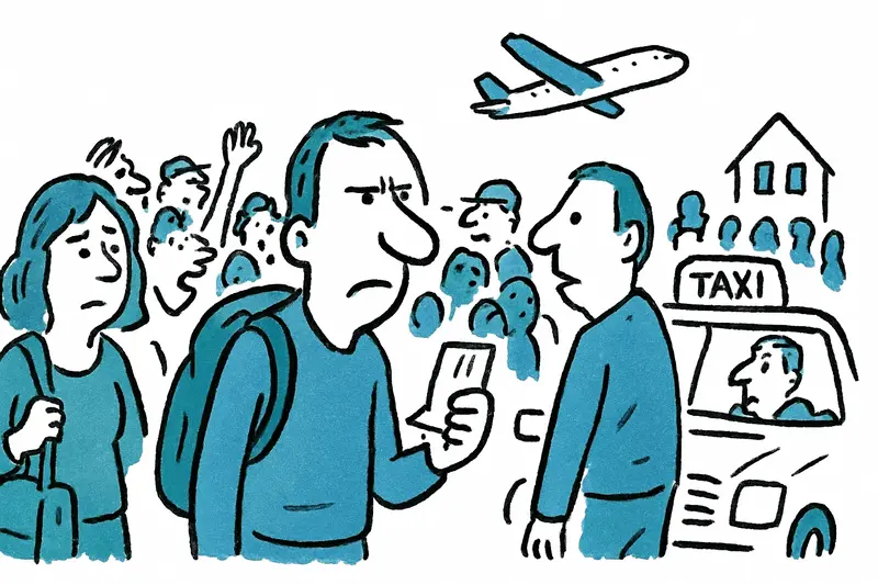 Überfüllte Ankunftshalle des Flughafens Palma mit langen Passagier- und Taxischlangen