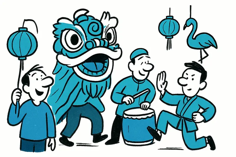 Bunte Laternen, Trommler und Kung‑Fu‑Performer auf belebter Straße während des chinesischen Neujahrs in Pere Garau