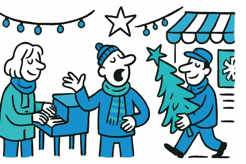 Festive street scene in Palma with Christmas decorations and a public piano in the old town