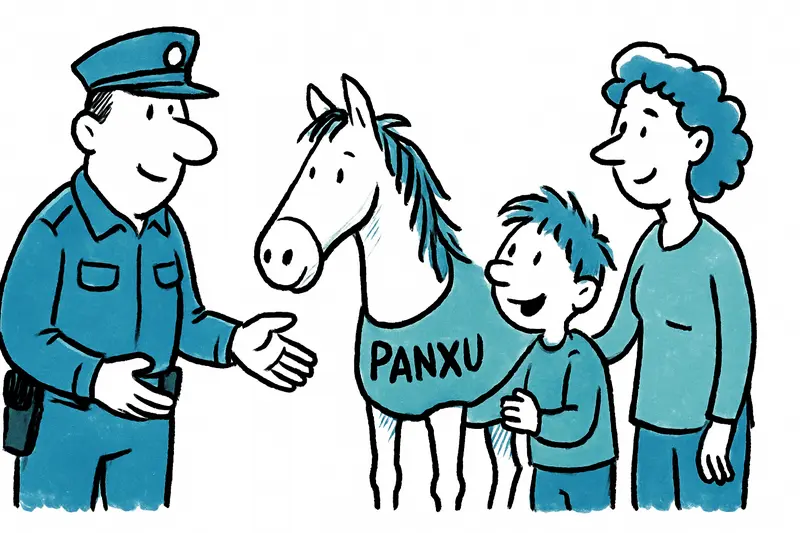 Panxo, ehemals herrenloses Pony, steht neben berittenen Polizisten im Bellver-Wald.
