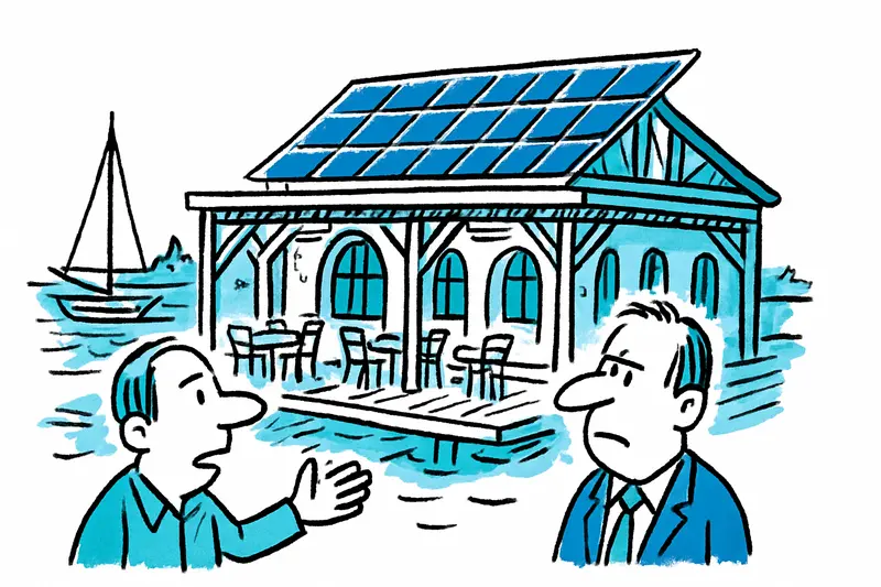 Holzpergola im Schiffsbau-Stil und Solardach über Terrasse des renovierten Hafenlokals Pesquero in Palma