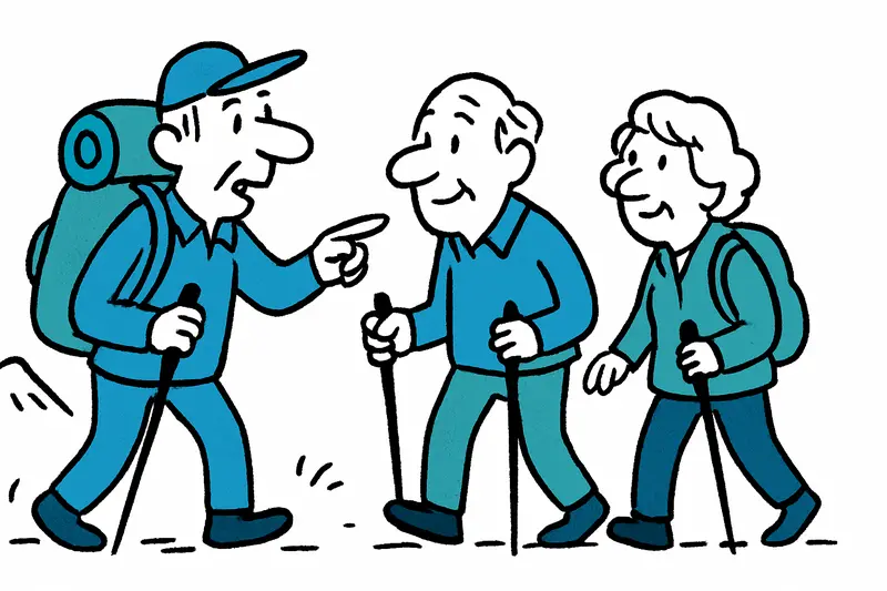 Ältere Menschen wandern auf einem Küstenweg Mallorcas – Illustration zum Wanderprogramm Petjades.