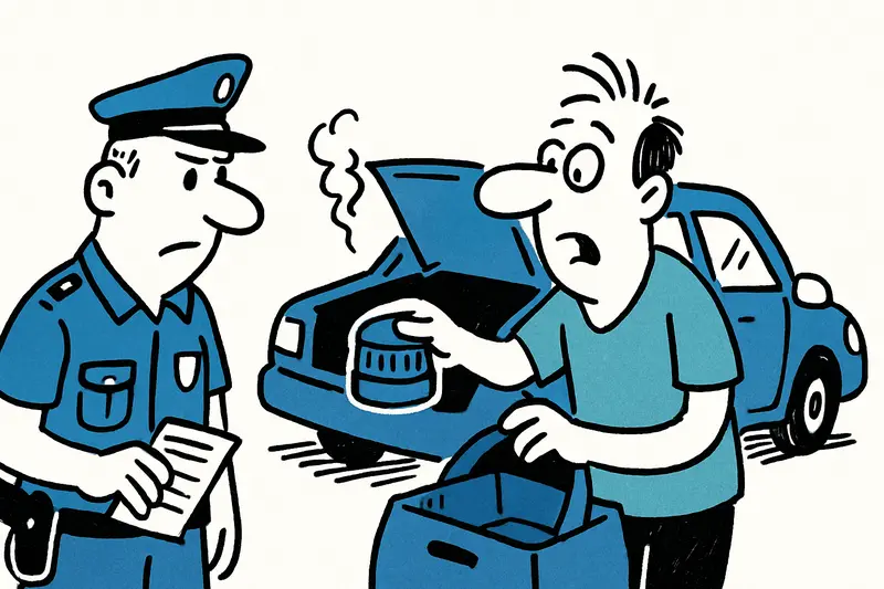 Conductor colocando la luz V16 amarilla junto a un coche detenido en el arcén.