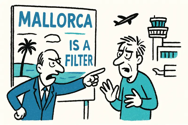 Umstrittenes Werbebanner mit provokativer Botschaft am Flughafen Palma.