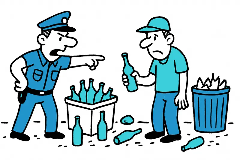 Polizeibeamte auf Playa de Palma neben kistenweise beschlagnahmter Getränke.
