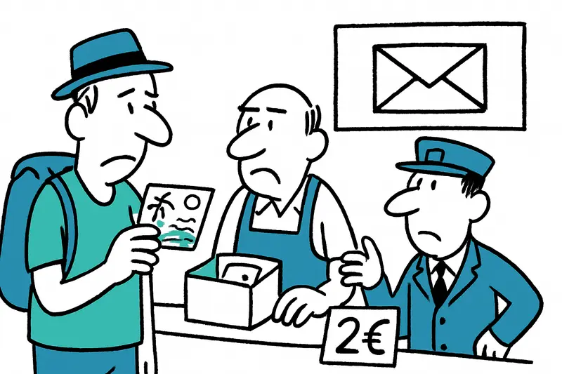 Touristin steckt Postkarte in Briefkasten vor Postamt auf Mallorca