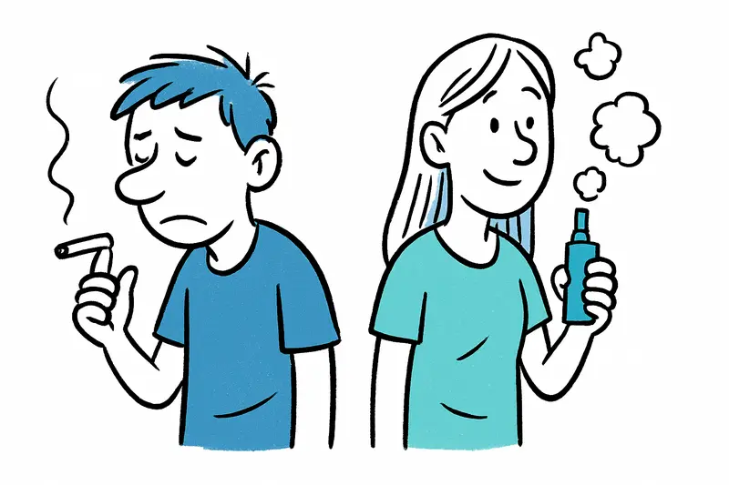 Jóvenes en Mallorca usando vapeador y sosteniendo cigarrillos, ilustrando descenso del tabaco y aumento del vapeo.