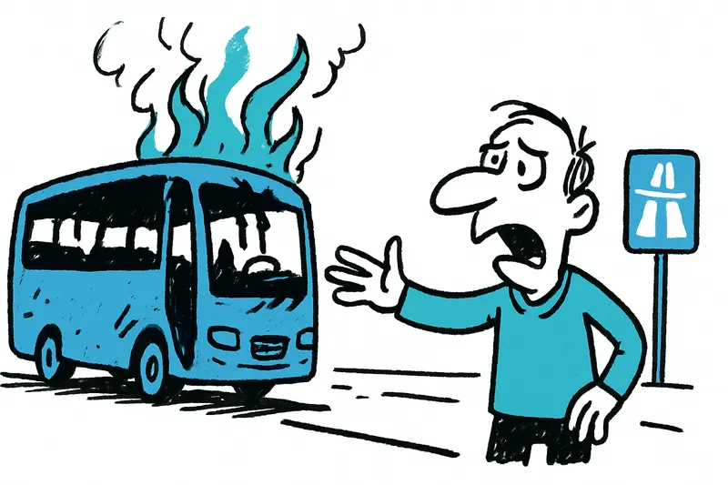 Ausgebrannter Reisebus auf der Ma-20 bei Son Hugo nachts, verkohlte Hülle neben Einsatzfahrzeugen