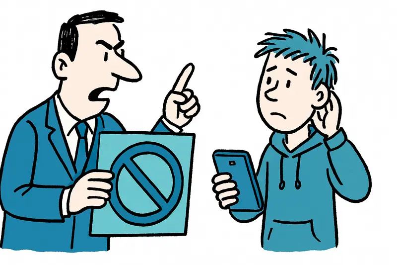 Smartphone mit Social-Media-Icons, rotem Sperrzeichen und Schild unter 16 Jahren verboten