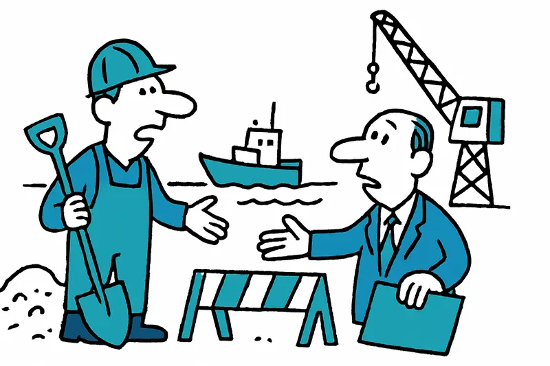 Construction work at Port d'Andratx harbor with excavation, barriers and boats along the quay