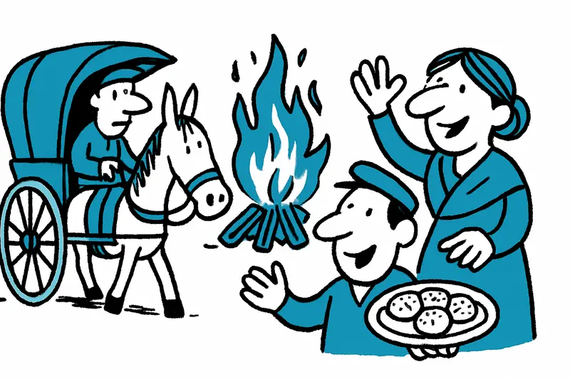 Geschmückte Kutsche auf Dorfstraße bei Santa Àgueda, Zuschauer, Lagerfeuer und Tische mit mamelletes