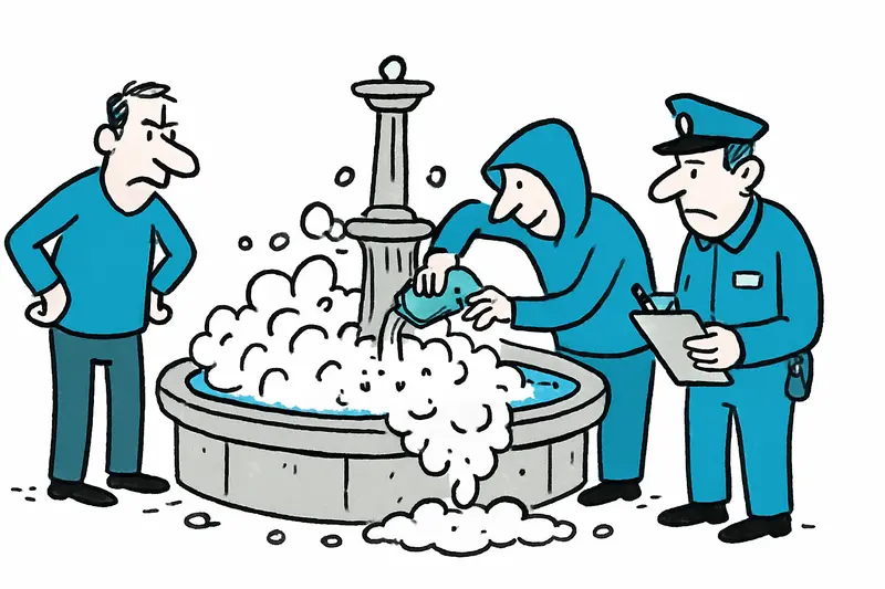 Fountain on Plaça de la Reina covered in thick white soap foam after vandalism