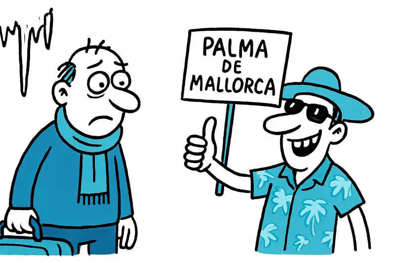 Sunny Mallorca beach with palm trees and empty lounge chairs, evoking cheap winter getaways from Germany.