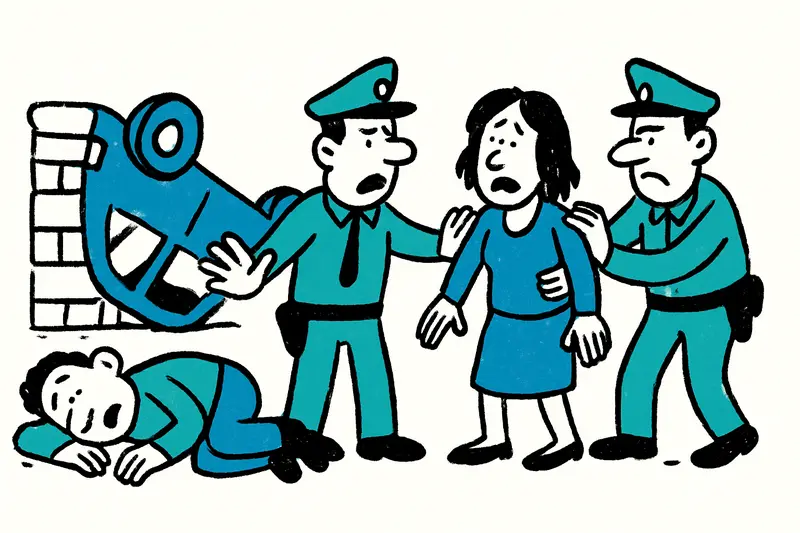 Overturned car in a narrow street of Sóller at night with emergency lights nearby