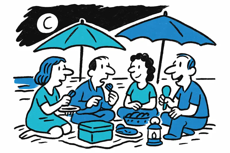 Nächtliche Sombrillada in S'Illot: Mit Sonnenschirmen am Strand essen