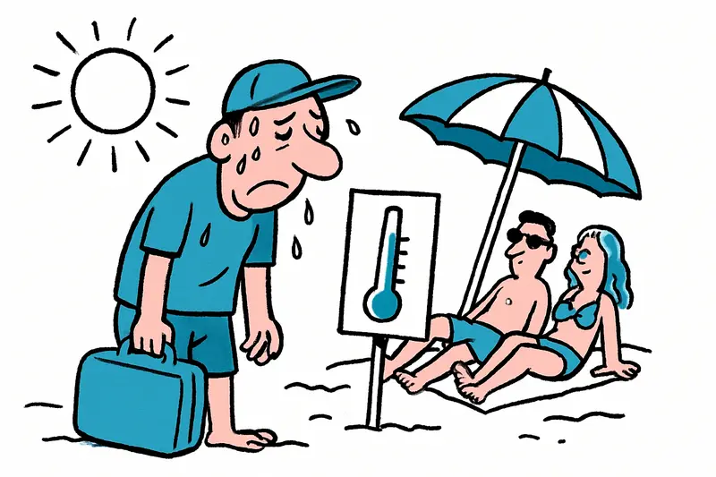 Playa de Palma an einem heißen Sommertag, Sonnenschirme und vereinzelte Strandbesucher suchen Schatten.