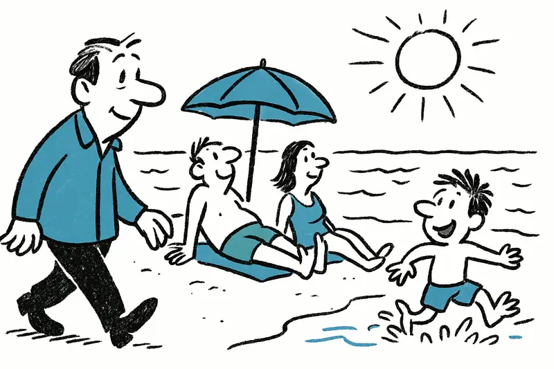 Sunlit Mallorca beach with people, umbrellas and open seaside cafés under a clear blue sky