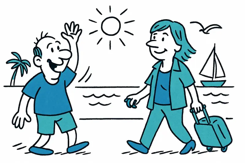 Mallorca soleada: personas paseando por un paseo urbano bajo cielo azul, anunciando tiempo cálido.