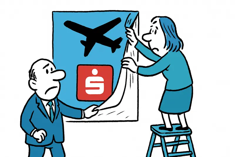 Workers removing a Sparkasse advertising billboard at Palma de Mallorca airport