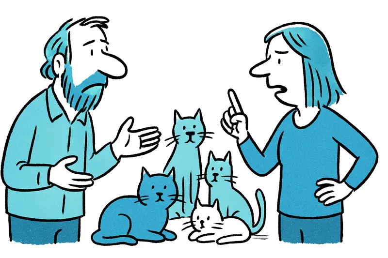 Freilebende Katzen einer Kolonie sitzen zusammen an Futterstellen in städtischer Umgebung