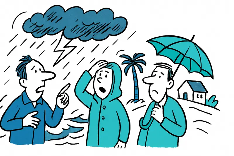 Waves crashing over a Mallorcan promenade as palm trees bend in strong wind.