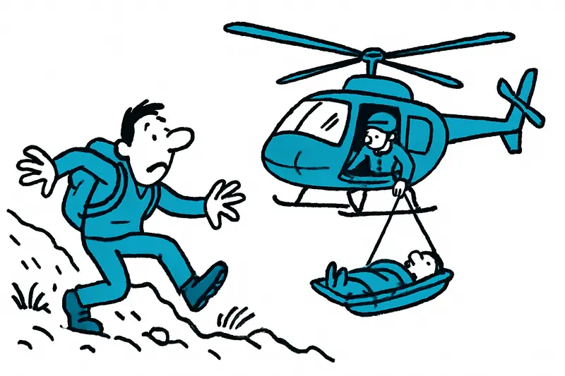 Rescue helicopter and mountain rescuers loading injured hiker on stretcher by rocky Tramuntana trail at dawn.