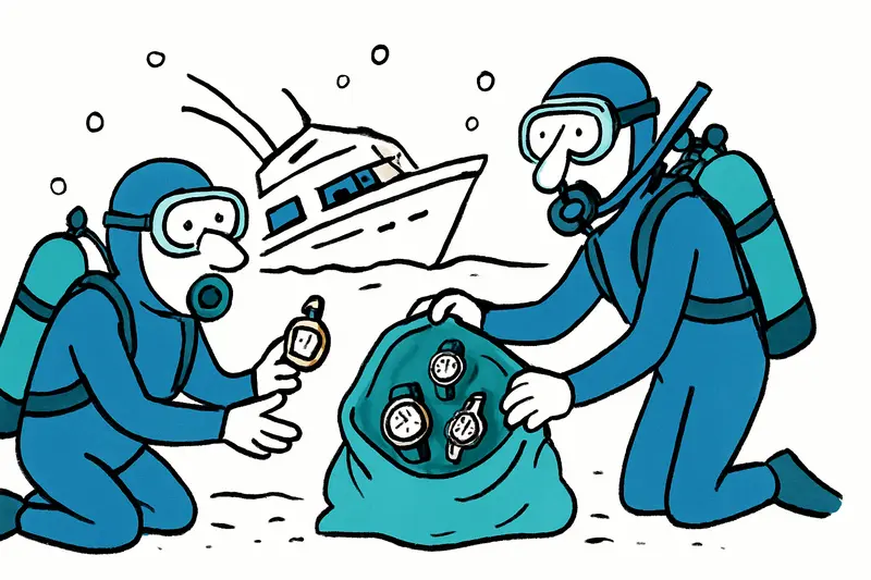 Guardia-Civil-Taucher halten drei Luxusuhren und einen Goldring aus dem Wrack einer bei Palma gesunkenen Yacht.