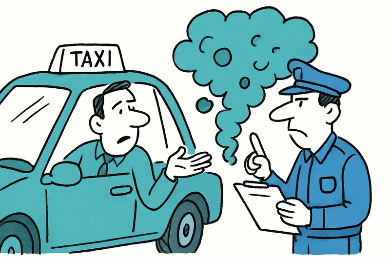 Taxis im Stau auf einer Straße Mallorcas mit sichtbaren Abgasen und gedämpfter Stadtkulisse im Hintergrund.