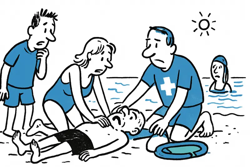 Rettungsschwimmer reanimieren an der Caló de ses Llises einen Badegast, Rettungsdienst und Strandbesucher stehen davor.