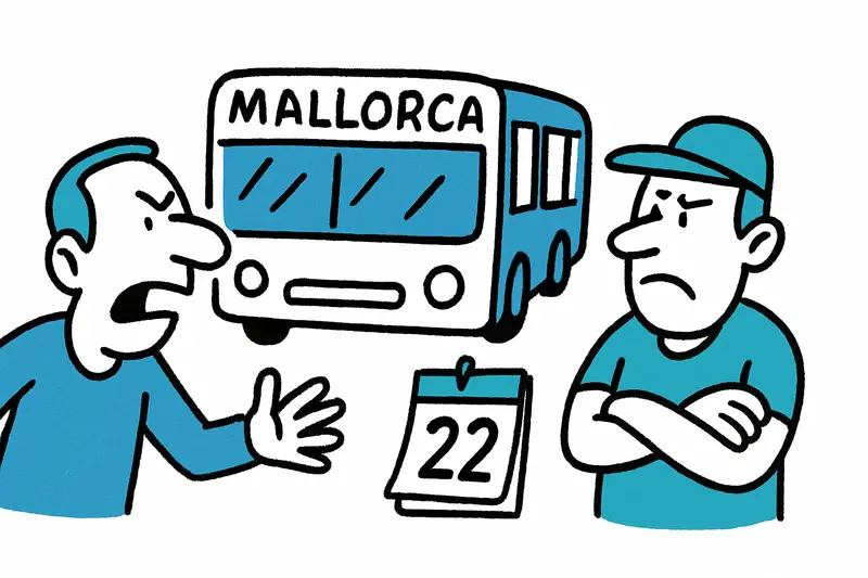 Leerer Bus an Haltestelle mit Streikplakat im Hintergrund auf Mallorca