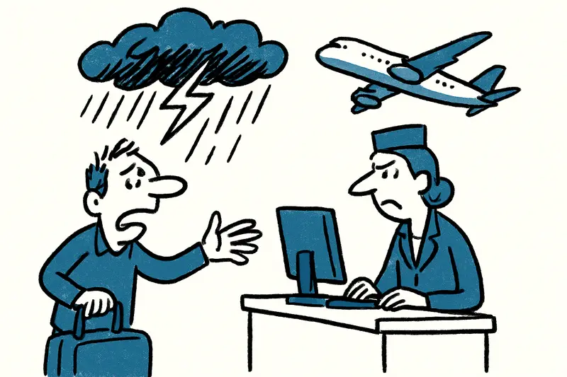 Passengers and staff at Palma airport during a thunderstorm, showing delays and wet runways