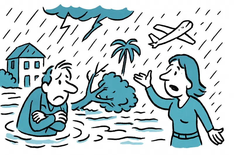 Flooded street and fallen palm tree in Palma after a brief morning storm