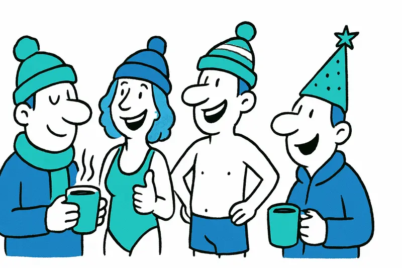 Menschen in Mützen und Kostümen am Strand von Portixol beim Weihnachtsanbaden mit Tassen heißer Schokolade.