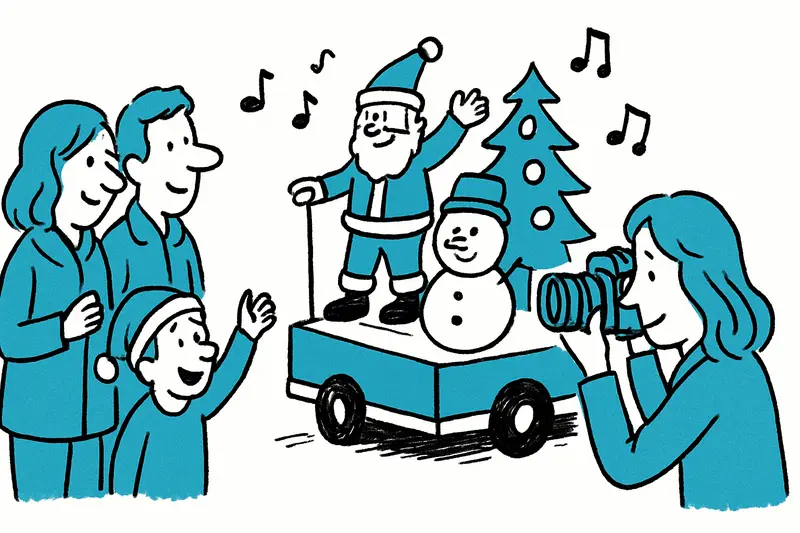 Weihnachtsumzug in Son Oliva mit festlich geschmücktem Wagen, Disney-Figuren und zuschauenden Familien bei Abendlicht.