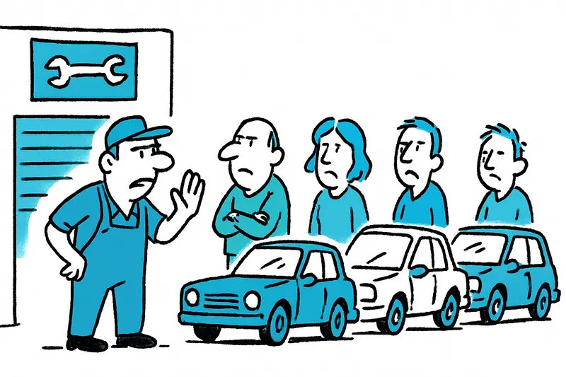 Wartende Autos vor einer vollen Autowerkstatt, Mechaniker mit Klemmbrett prüft Reparaturen.